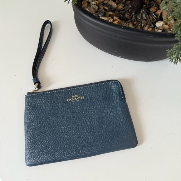Coach Dark Blue Wristlet with Gold Accents - Picture 1 of 4
